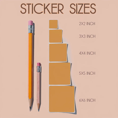 Sticker size comparison with pencils showing 2x2, 3x3, 4x4, 5x5, 6x6 inch options for I Can Fix Stupid But It's Gonna Hurt Mechanic Gorilla Wrench Sticker Set.