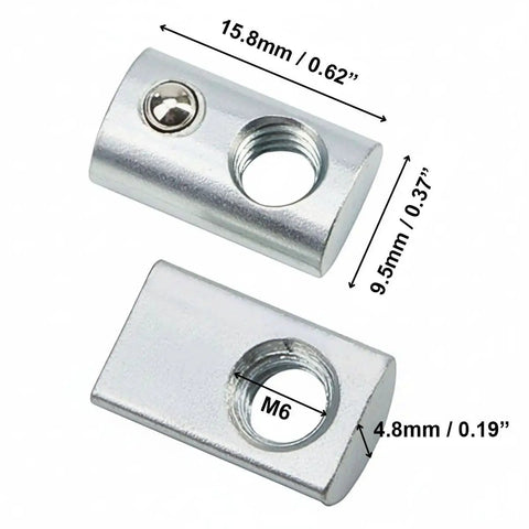 M6 X 1.0 T Slot Nut With Spring Ball Loaded, Carbon Steel, side and top view dimensions shown, for 8mm extrusion rails.