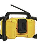 Rear view of yellow 12V and 20V Max Portable Bluetooth Radio with rugged roll cage and antennas visible.
