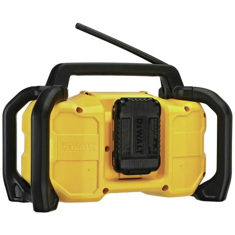 Rear view of yellow 12V and 20V Max Portable Bluetooth Radio with rugged roll cage and antennas visible.