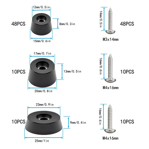 136 Piece Cutting Board Feet Kit With Stainless Steel Screws Non Slip Rubber Bumpers sizes 0.6 0.8 1 inch detailed view