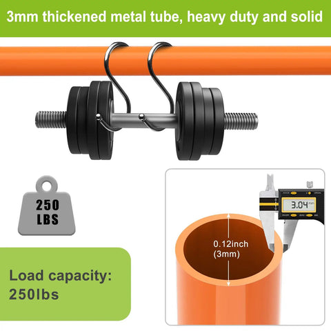 Image showing a 3mm thick metal tube, supporting 250 lbs load capacity. Includes close-up view with caliper measuring thickness.