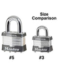Size comparison of two Master Commercial padlocks, model #5 and #3, showcasing product dimensions.