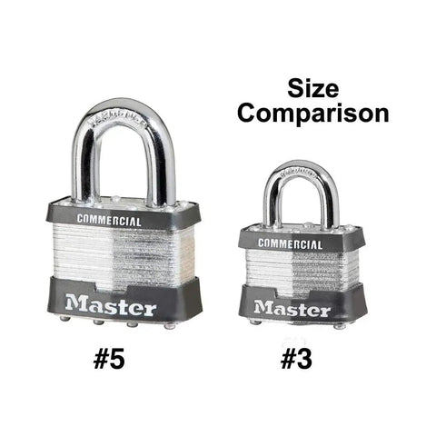 Size comparison of two Master Commercial padlocks, model #5 and #3, showcasing product dimensions.