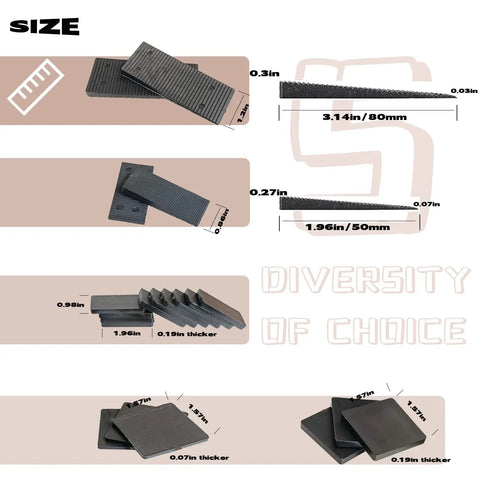 Size chart for Leveling Small Wedge Set For Furniture, Hard Plastic Leveling Fittings, 50 Pieces with measurements and thickness details.
