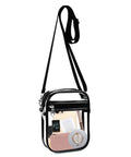 Clear Crossbody Bag With Front Pocket Stadium Approved For Concerts Sports Festivals Waterproof PVC with essentials inside.
