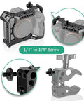 Rock Solid 1/4 Inch Male To Male Threaded Tripod Screw Adapters Six Piece Heavy Duty Black Aluminum Alloy Mount Kit For DSLR Cameras Mic Stands And Camera Rigs connecting camera rig with detailed screw views.