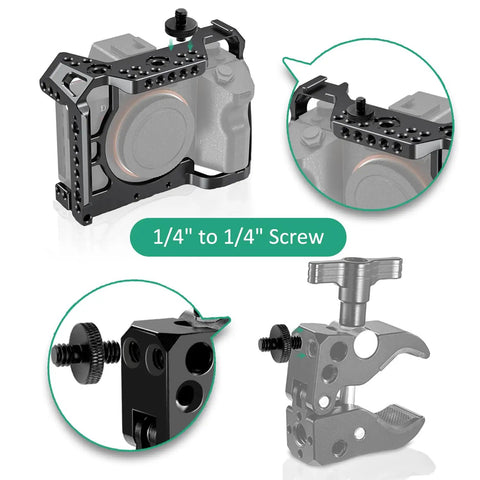 Rock Solid 1/4 Inch Male To Male Threaded Tripod Screw Adapters Six Piece Heavy Duty Black Aluminum Alloy Mount Kit For DSLR Cameras Mic Stands And Camera Rigs connecting camera rig with detailed screw views.