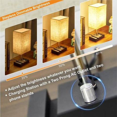 Must Have Fully Dimmable Bedside Lamp Set With Dual USB Ports And AC Outlet, shown with linen fabric shade and brightness control dial.