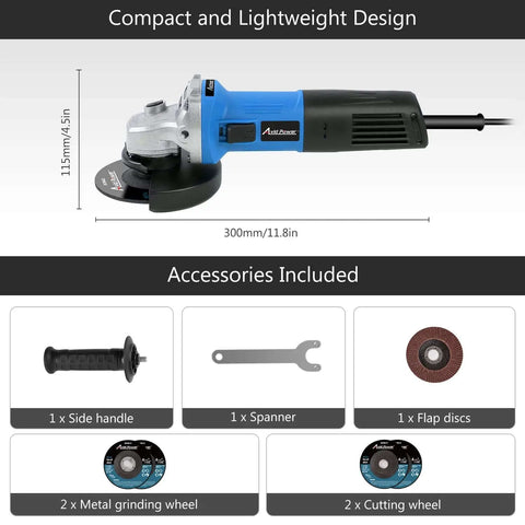 Badass 4.5 Inch Angle Grinder With 7.5 Amp Motor And 900W Power Delivers 11000 Rpm For Slick Cutting Grinding And Rust Removal Includes sturdy handle and accessories.