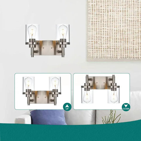 4 Light Brushed Nickel Bathroom Vanity Light Over Mirror With Clear Glass Shades, Industrial Wall Mount Fixtures, 18 Inch