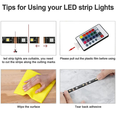 Guide on using Rechargeable Battery Powered LED Strip Lights 30Ft RGB 5050 With Remote Control, showing cutting, remote, and installation steps.