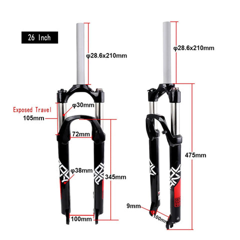 Lightweight Aluminum Alloy Front Fork With 105mm Travel for 26 Inch Mountain Bikes, Black and Red Suspension Details