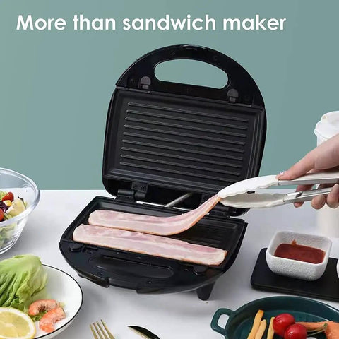 3 In 1 Breakfast Maker With Interchangeable Plates Electric Sandwich Waffle And Steak Press Stainless Steel Non Stick Coating 110V For Home Kitchen Quick And Easy Meal Prep For Busy Mornings, showing bacon cooking.
