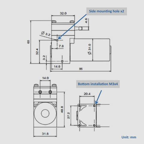 Technical drawing of Slick Mini Diaphragm Air Compressor 24V Vacuum Pump showing measurements and installation details.