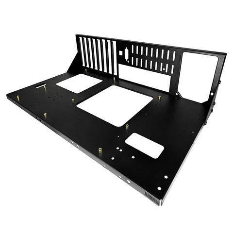 Side view of Open Air PC Test Bench Frame For ATX ITX Micro ATX Motherboards, Open Chassis Case Rack For DIY Builds in black steel.