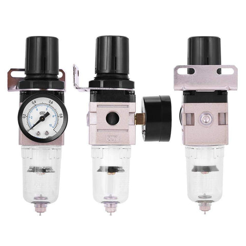 Pro Grade Air Filter Regulator AW2000-02 Aluminum Alloy With Rotary Manual Actuator front and side views, die-cast body