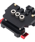 Hit The Mark Every Time Self Centering Doweling Jig With Precise Fine Scale made of aluminum alloy, showing drill guide and knobs.