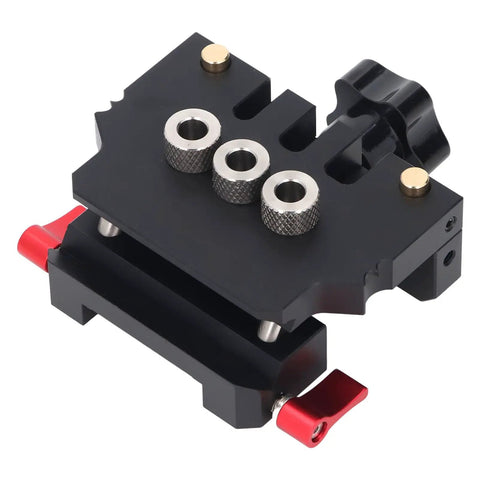 Hit The Mark Every Time Self Centering Doweling Jig With Precise Fine Scale made of aluminum alloy, showing drill guide and knobs.
