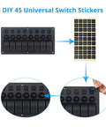 Universal 8 Gang LED Rocker Switch Panel for Boats and Trailers 12V/24V with sticker sheet and close-up installation view.