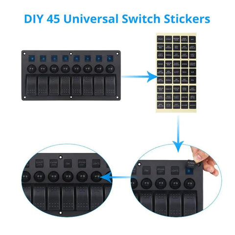 Universal 8 Gang LED Rocker Switch Panel for Boats and Trailers 12V/24V with sticker sheet and close-up installation view.