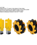 Mecanum wheel and TT geared motor kit: two yellow motors and two 48mm wheels with black rollers for DIY robot car