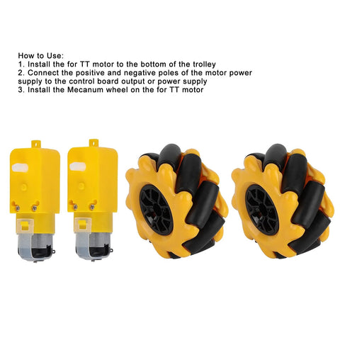Mecanum wheel kit for TT geared motors; includes two yellow motors and two yellow mecanum wheels with black rollers