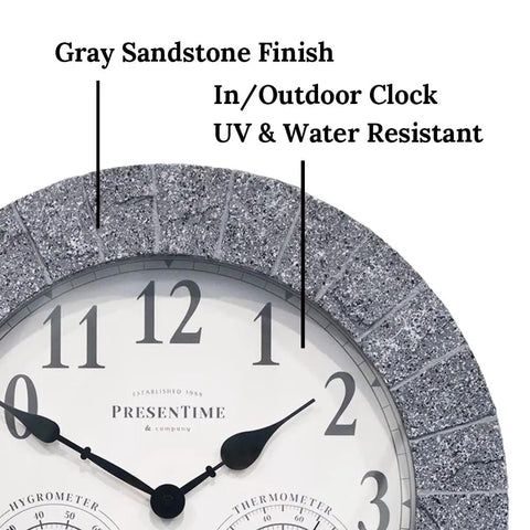 All In One Outdoor Clock With Thermometer And Hygrometer Weather Station For Patio And Garden, 14 Inch Diameter, Gray Sandstone Finish
