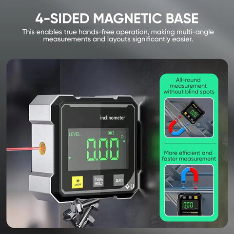 Dead Accurate Digital Angle Finder Measuring Tool With Heavy Duty Magnetic Back And Large LCD Numbers For Woodworking Metalworking And Masonry DIY Builds with 4-sided magnetic base.