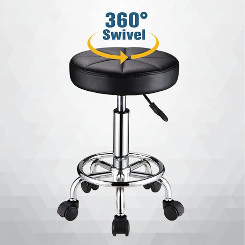 Round Rolling Stool With Wheels Height Adjustable Swivel Chair For Spa Salon Massage Black Comfy PU Leather Esthetician Stool With 360 Degree Rotation Easy To Clean Five Wheel Mobility
