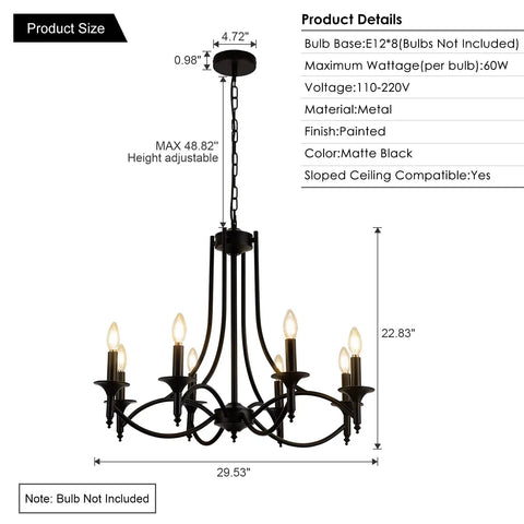 Industrial Candle Chandelier In Black Iron With Eight Lights hanging, showcasing curved arms with matte black finish.