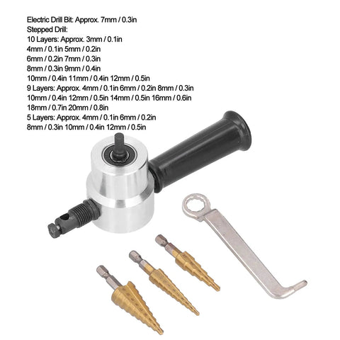 Dual Head Nibbler Cutter With Cobalt Step Drill Bits And High Speed Steel Stepped Bit Set with aluminum alloy attachment.
