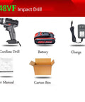 Built Tough Cordless Drill And Driver Kit With Battery Charger Percussion Impact Wrench Heavy Duty Power Tool components shown.