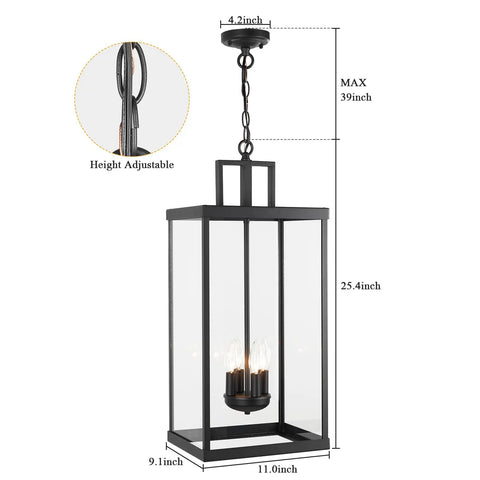 Large Twenty Five Inch Outdoor Pendant Light With Clear Glass And Sturdy Metal Build, height adjustable design, ideal for patios.