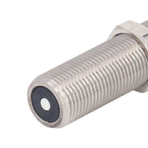 Close-up of Inductive Proximity Sensor Switch For Industrial Machines, AC 30V, 2A, with 3/4-16UNF thread and stainless steel body.