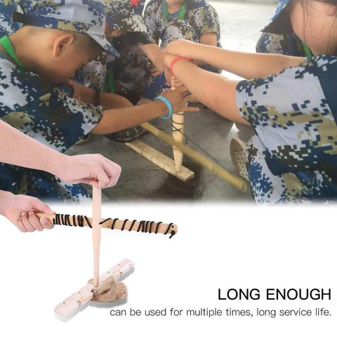 Kids using Friction Bow Drill Fire Starter Kit for Outdoor Survival; wood tool for campers, durable and easy to use.