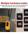 Top Shelf Digital Leeb Hardness Tester Portable Handheld Metal Durometer shows multiple hardness scales including HL and HV.