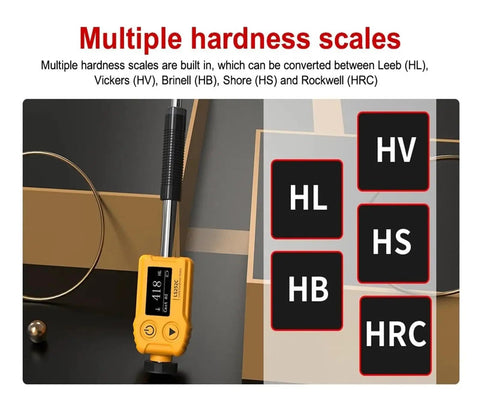 Top Shelf Digital Leeb Hardness Tester Portable Handheld Metal Durometer shows multiple hardness scales including HL and HV.