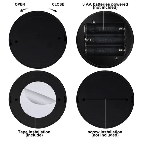 Four views of black spotlight base showing battery compartment, tape installation, and screw installation options.