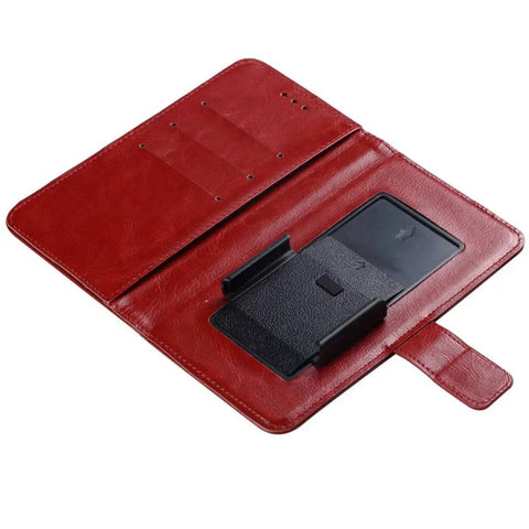 Interior view of Super Stylish Brown Cover For Danew Trace T-One 5 Inch Phone Plus HD Glass Film Protector with card slots.