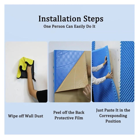 Installation steps for Top Shelf Soundproof Panels Thick 3Cm Self Adhesive Acoustic Foam showing wall cleaning and panel application.