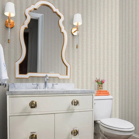Botanical Stripe Vinyl Wallpaper With Subtle Leather Texture And Dang Durable Type Two Commercial Grade Wallcovering in stylish bathroom decor.