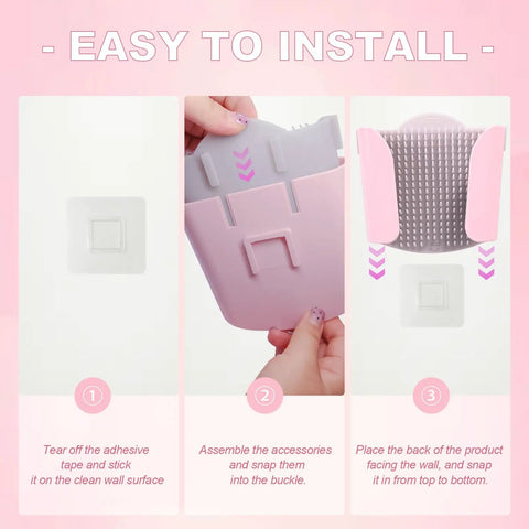 Game Changing Shower Wall Hair Catcher With Reusable Silicone Bristles installation steps showing adhesive and assembly process.