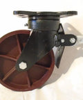 Badass Heavy Duty 8 Inch Diameter 2 Inch Wide Kingpinless Drop Forged Swivel Caster With Total Lock Brake And Maintenance Free Ductile Steel Wheel Rolls Like A Dream Rated For 2000 Lbs Each side view of the caster showing the red wheel and brake mechanism.