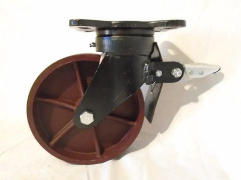 Badass Heavy Duty 8 Inch Diameter 2 Inch Wide Kingpinless Drop Forged Swivel Caster With Total Lock Brake And Maintenance Free Ductile Steel Wheel Rolls Like A Dream Rated For 2000 Lbs Each side view of the caster showing the red wheel and brake mechanism.