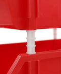 Dang Tough Heavy Duty Stackable Storage Bins In Bold Red With Side Connect Hooks For Garage Workshop Tool Organization Durable Polypropylene Totes stacked with visible side connect hooks.