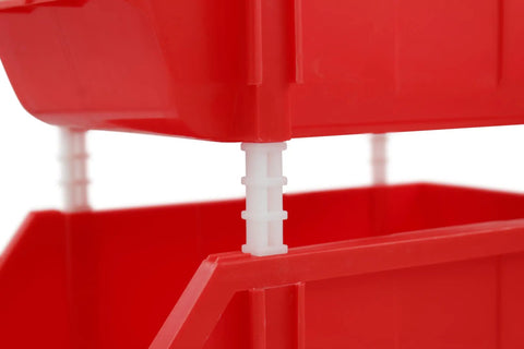 Dang Tough Heavy Duty Stackable Storage Bins In Bold Red With Side Connect Hooks For Garage Workshop Tool Organization Durable Polypropylene Totes stacked with visible side connect hooks.
