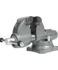 Heavy Duty Pipe And Bench Vise Four And One Half Inch Jaw Width With Six Inch Maximum Opening And Four And Three Fourths Inch Throat Cast Iron Construction Sealed For Longevity And Smooth Operation With Precision Front Jaw Slide, side view