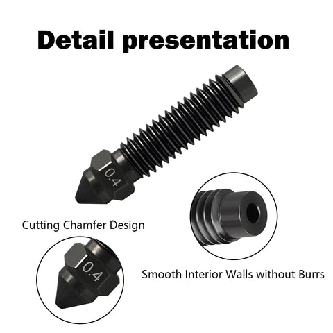 3D printer nozzle, 0.4mm, black hardened steel with cutting chamfer design and smooth interior walls