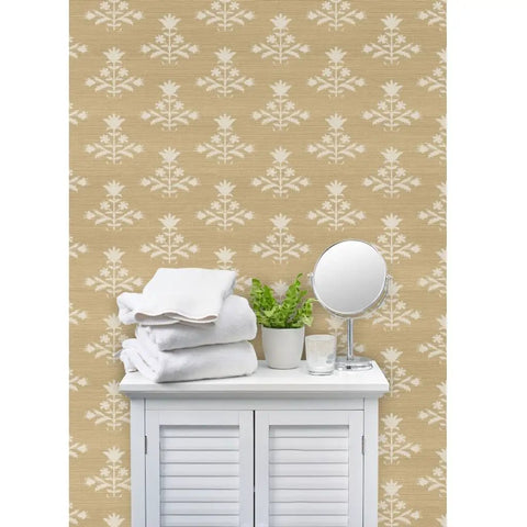 Heavy Duty Pvc Free Wallpaper With Matte Linen Texture Block Print Design Professional Type Ii Wall Covering For Kitchens Bathrooms And Commercial Spaces Built Tough Paste To Paper Install You Can Depend On, featuring a beige floral design.